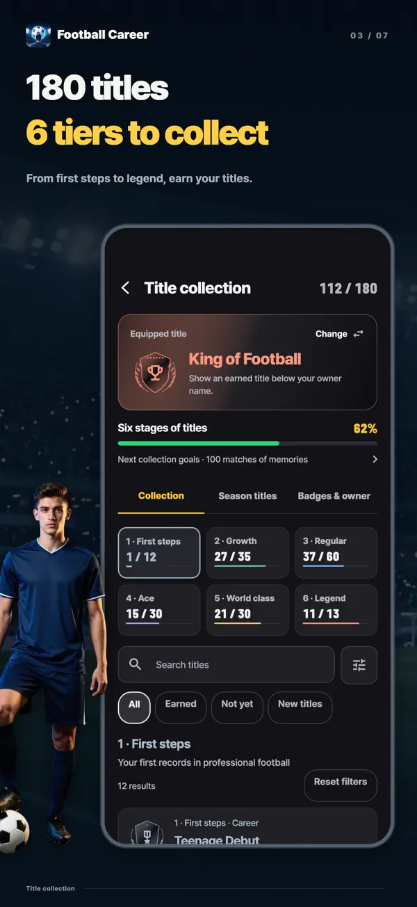 Title collection screen: 180 titles and six collection tiers