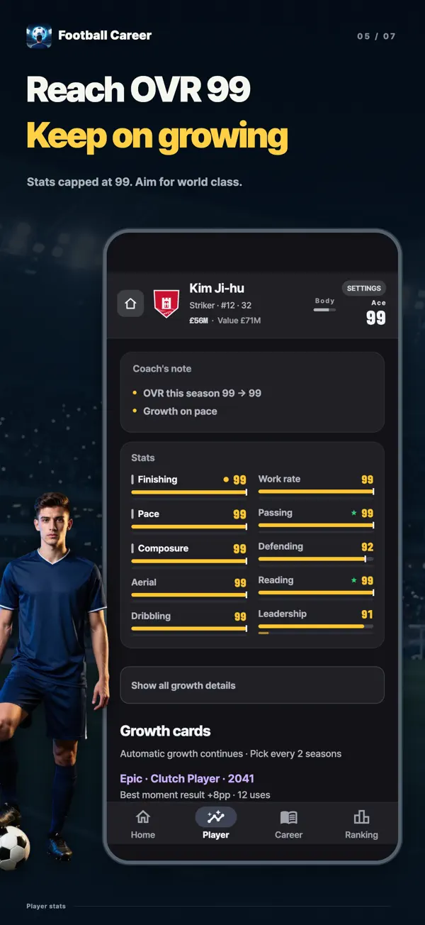 Stats screen: ten stats and the Growth Cards you hold