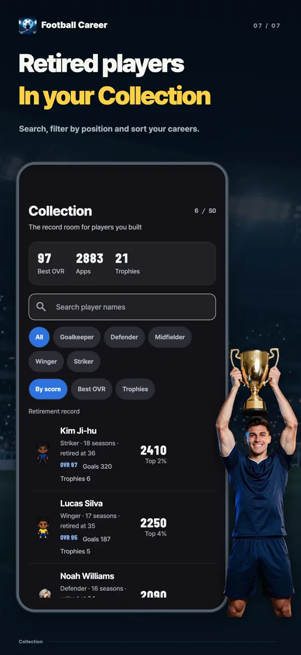 Archive screen: retired players and personal bests