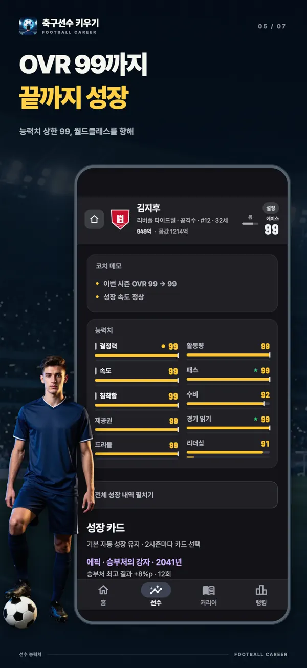 능력치 화면: 열 가지 능력치와 보유한 성장 카드