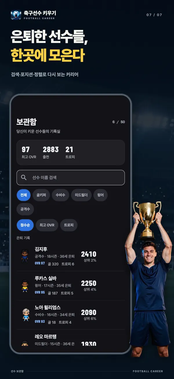 보관함 화면: 은퇴한 선수 목록과 최고 기록