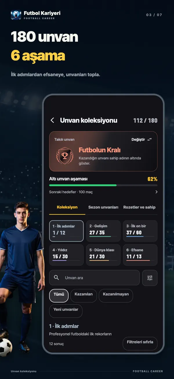 Unvan koleksiyonu ekranı: 180 unvan ve altı koleksiyon kademesi